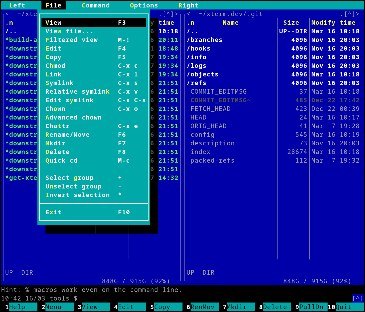 Midnight Commander 官方截图,展示双栏文件列表、打开的 File 菜单和底部功能键提示。