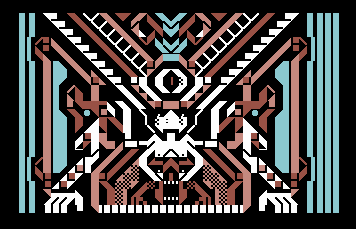 Raquel Meyers 于 2015 年制作的 PETSCII 作品,以白、浅蓝和棕色几何单元形成对称结构。